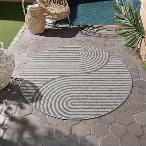 HomebyHome Outdoor Teppich Rund 80 cm Grau Wetterfest UV-beständig Pflegeleicht Skandi Boho Design für Balkon Küche Flur Indoor Outdoor