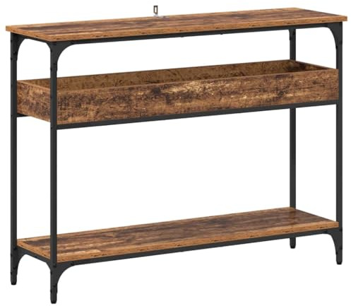pokgdf Table console avec pieds réglables, espace de rangement et cadre en métal noir pour couloir, 100 x 29 x 75 cm, console moderne avec étagère aspect bois vieilli