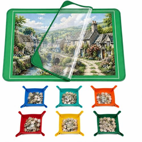 Jigsaw Puzzle Board, 500-1000 Piece Puzzle Table | Non-Slip Felt Surface, 6 Sorting Trays, Clear Dust Cover and Foldable Storage, for 500-1000 Piece Jigsaws, Green, 80X55 CM