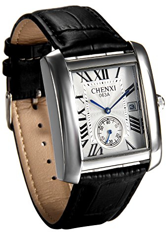 JewelryWe Herren Armbanduhr, Retro Kalender Analog Quarz Uhr mit Rechteckig Römischen Ziffern Zifferblatt und Leder Armband, Farbe: Schwarz