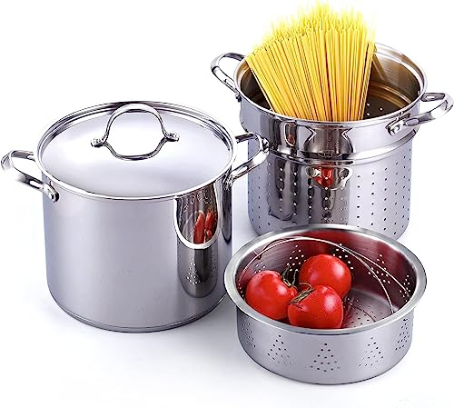 Cooks Standard Pentola per pasta in acciaio inox 18/10, capacità 12 litri, pentola per spaghetti con inserto colino, coperchio in acciaio inox, set da 4 pezzi
