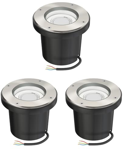 ledscom.de 3 Stück Boden-Einbauleuchte BOFU für außen schwenkbar Edelstahl IP67 150mm Ø inkl. GU10 LED Lampe 630lm warmweiß