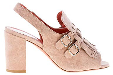 Santoni Donna Sandalo in camoscio Cipria con Maxi Frangia e Fibbie. Tacco 8 cm Color Rosa Size 36