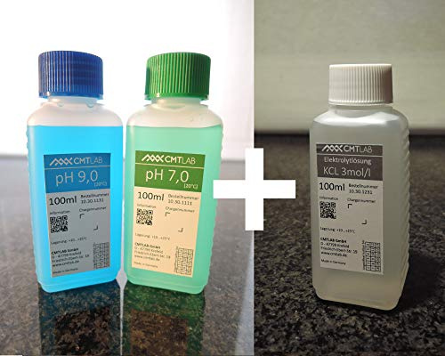 pH Komplettset – Kalibrierlösung pH 9,00 + pH 7,00 & KCl Aufbewahrungslösung je 100 ml – Eichlösung + Elektrolytlösung für pH-Elektroden, Industriequalität, Made in Germany