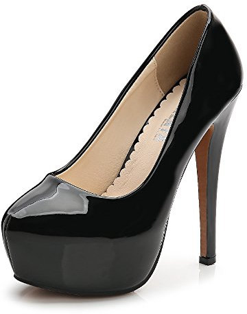 OCHENTA Women's Round Toe High Heel Platform Slip On Pumps PU Black Asian Size 46 - UK B(M) 10.5