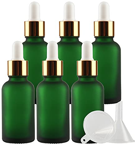 TIANZD Pack of 6, Empty 30ml Frosted Green Glass Dropper Bottles with Glass Pipette Dropper, Small Dropper Bottles with Gold Metal Cap for Essential Oil Aromatherapy Blends Vials