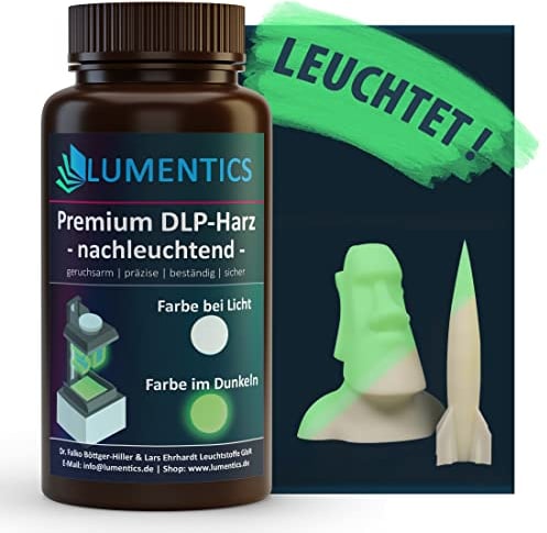 LUMENTICS 3D Drucker Resin NACHLEUCHTEND grün - 500 g, UV 405 nm, Leuchtet im Dunkeln, Phosphoreszierendes Photopolymer Harz für LCD DLP SLA - Glow in The Dark - Made in Germany