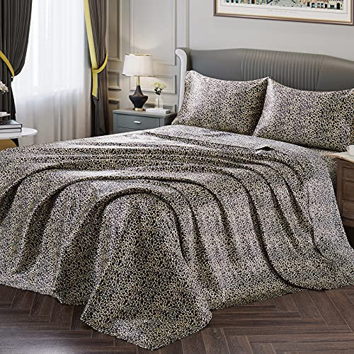 Vonty - Set di lenzuola in raso morbido come la seta, per letto queen-size, 1 lenzuolo con angoli profondi + 1 lenzuolo di sopra + 2 federe, motivo: leopardato