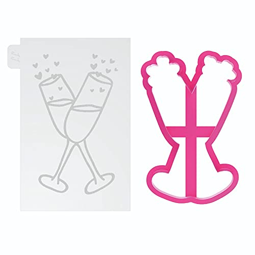 LissieLou Champagne Glasses Cookie Cutter and Embosser Wedding Icing Stamp Fondant Embosser - Light Pink/Clear