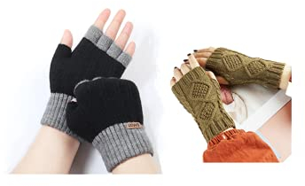 2 Paar Handschuhe fingerlos, Winter Stricken Fingerlose Handschuhe , Gestrickte Halb Fingerlose Fäustlinge, geeignet für die tägliche Arbeit von erwachsenen Männern und Frauen. (Schwarz, Khaki)