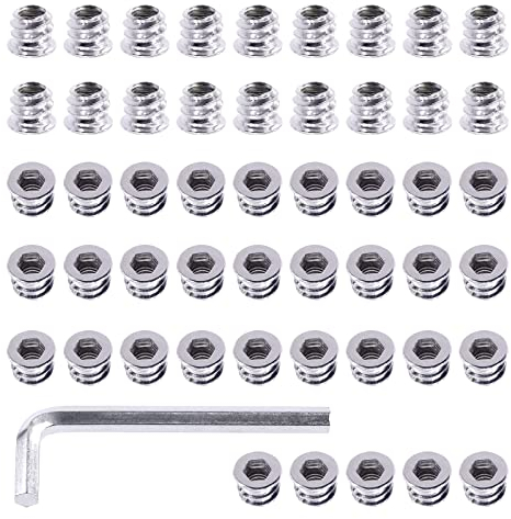 Swpeet 50 Stück 1/4-Zoll-20 x 10 mm weißer, verzinkter Karbonstahl für Möbelschrauben, Gewinde, Holzeinsätze, Gewindeeinsätze, Bolzenbefestigung, Sechskant-Stecknuss (1/4-20 x 10 mm)