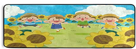 Children Jumping with Straw Hat in Sunflower Field Hallway Runner Rugs Kitchen Floor Mats Laundry Farmhouse Living Room Decor Area Rug 72x24in Children Jumping with Straw Hat in Sunflower Field