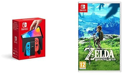 Console Nintendo Switch (Modèle OLED) avec Manettes Joy-Con Bleu Néon/Rouge Néon + The Legend of Zelda : Breath of the Wild