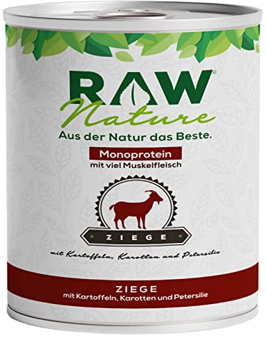 RAW Nature Ziege Pur Hunde-Nassfutter – 800 g, Kartoffeln & Möhren | Getreidefreies Alleinfuttermittel für Hunde mit Ziege als Monoprotein, viel Fleisch, Kartoffeln, Möhren und Petersilie.