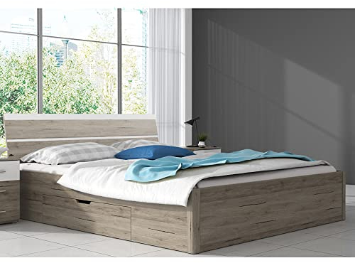 Lomadox Doppelbett mit Schubkästen Liegefläche 160x200 cm in Sanremo Eiche hell Nb. mit weiß, B/H/T: ca. 166/92/218 cm