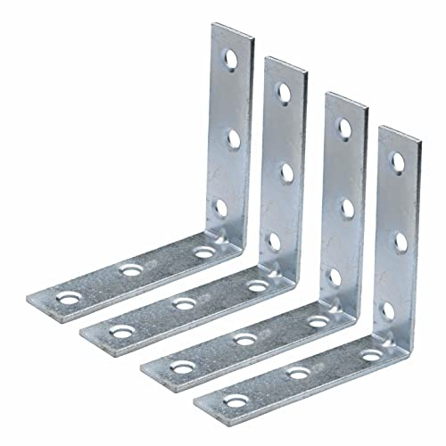 SUL Bright Zinc Plated Corner Braces Brackets Plates, Joint Right Angle Bracket 90 Degree Corner Fastener for Wood Furniture Bedframe Cabinet Drawer Chair - 100mm (4 inch) (4pk)