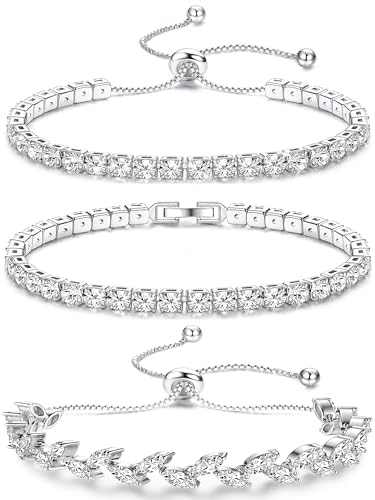 JeweBella 3PCS Tennis Armband Damen Silber Verstellbares Kristall Zirkonia Armbänder Set Glänzender Diamant Armband Klassisches Tennis Armbänder Schmuck Geschenk für Frauen Freundin Mutter Ehefrau