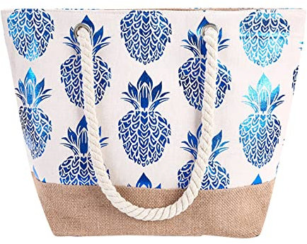 Umhängetaschen 20 L Hot Fashion Metallic Ananas Druck Leinwand Sommer Urlaub Strand Umhängetasche Frauen Seil Casual Handtasche Mini-Schlüsselgeldbörse mit Druckknopfverschluss (Blue, One Size)