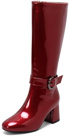 MJIASIAWA Vernice Equestrian Donna Festa Warm Stivali Alti Square Toe Inverno Tacco A Blocco Sposa Scarpe Eleganti Stivaletti Rosso Numero 38 EU/39 Asiatico