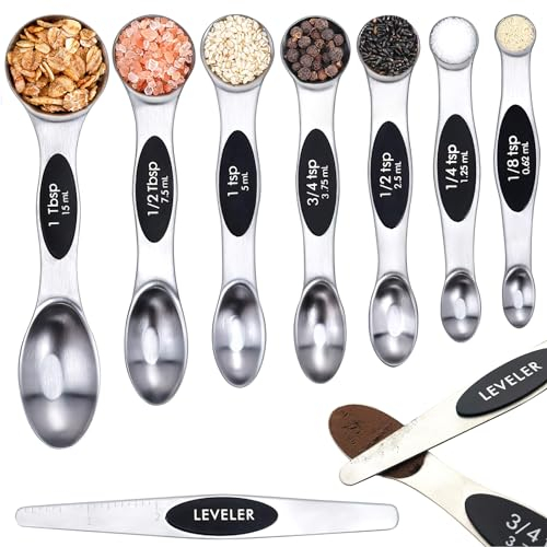 8-Piece Magnetic Measuring Spoons,Stainless Steel Dual-Sided Nestable Teaspoon to Tablespoon Range, Ideal for Dry & Liquid Ingredients,Space-Saving,Kitchen Food Adjustable Measuring Spoon
