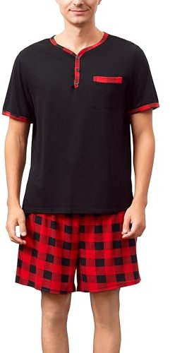 Yukiuiny Pyjama Homme Été Coton Ensemble Hauts de Pyjama Tee Shirt Col V Boutons Manches Courtes Vêtements d'Intérieur Plaid Carreaux Vêtements de Nuit Grande Taille Confortable Noir Rouge+Carreaux L