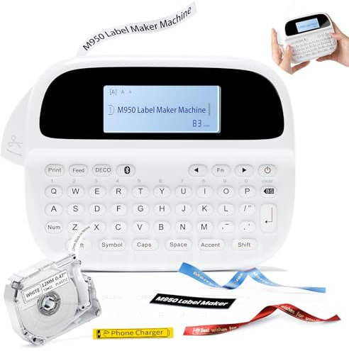 Goknu M950 Label Maker Machine | Rechargeable Bluetooth Label Printer with QWERTY Keyboard & Backlit LCD | Portable Label Maker | Waterproof Labels for Home, School, Office