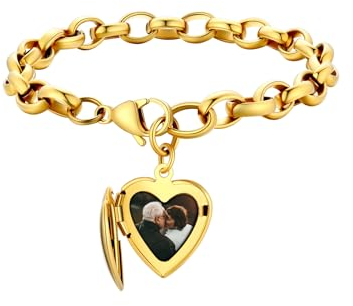 Supcare Personalisiertes Armband mit Bilder Damen Armband mit Anhänger Herz Foto Medaillon Fotoarmband Gravur Edelstahlarmband Armreifen Gold Locket Bracelet Gold Memorial Armband für Valentinstag