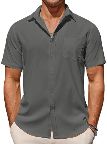COOFANDY Mens Short Sleeve Shirt Casual Summer Beach Wrinkle Free Shirts Short Sleeve Holiday Textured Shirt Dark Gray M