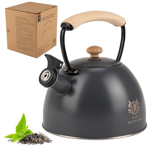 KARL HAUSMANN Wasserkessel Induktion - 2.5L - Grau Teekessel mit Automatischer Pfiff - Edelstahl Wasserkocher für Induktionsherd, Gasherd und Elektroherd - Pfeifkessel - Teekanne - Flötenkessel