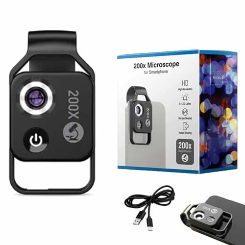 MIOKUKO Nanozoom 200x Magnification Zoom, Nanozoom Cell Phone Lens, High-Tech Clip-On Lens Turns Any Smartphone into a Pro-Microscope with CPL Lens/LED Light, 200x Pocket Microscope Camera (Black)