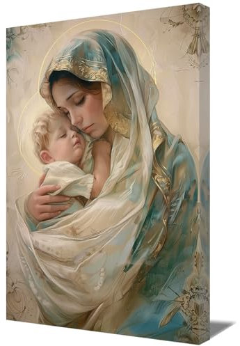 ZQQART Jungfrau Maria Leinwand Wanddrucke Madonna Betendes Heiliges Porträt Mutter Maria Hält Jesuskind Gemälde Katholisches Bild Christliche Kirche Religiöses Dekor (C,70x105cm)