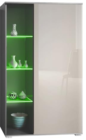 Vladon Vitrine Davos, Made in Germany, Standvitrine mit 3 Glasböden und 8 Fächer inkl. LED, Anthrazit matt/Sandgrau Hochglanz (71,5 x 134 x 35 cm)