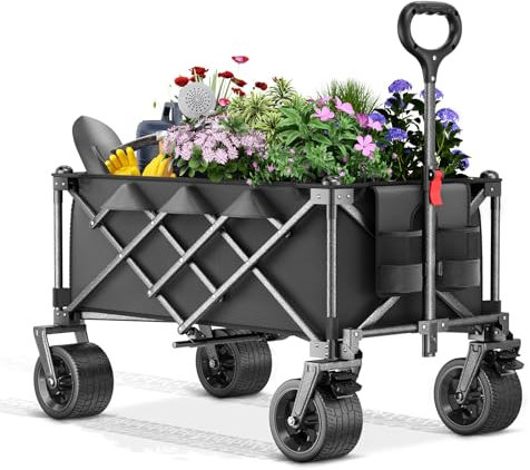 Taphnw 135L Chariot de Transport Pliable, Chariot Jardinage de Plage avec Poignée Réglable, Charge maximale de 120 kg, Tissu Oxford 600D, Voiture Pliante pour Tous Les terrains, Camping, Pique (Noir)