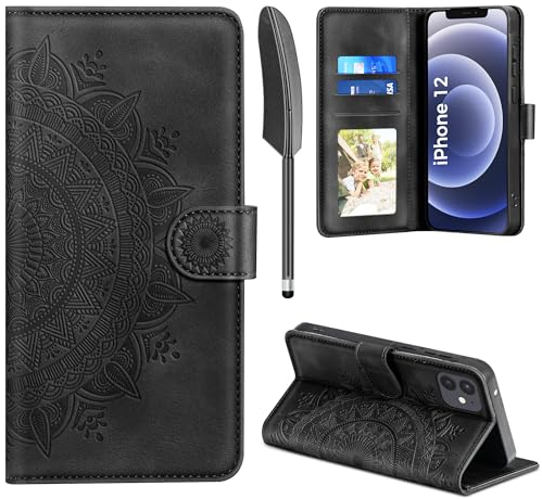Handyhülle für iPhone 12/12 Pro, Hülle für iPhone 12 Pro / iPhone 12 Lederhülle Flip PU Leder Tasche Case Kartenfach Magnet Ständer Klapphülle Schutzhülle für iPhone iPhone 12/12 Pro 6.1, Schwarz