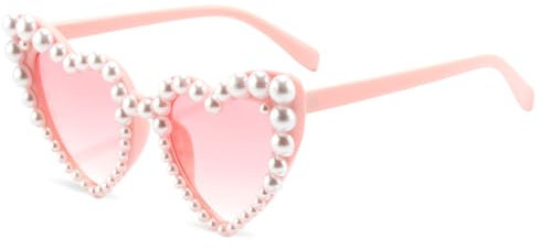 Lunette Coeur avec Perles, Lunette de Soleil Coeur, Lunettes de Soleil Femme Coeur, Lunette Soleil Femme, Lunettes de Fête Rétro pour Voyages Costume de Mariage Accessoires (Rose)
