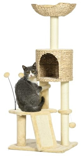 PawHut Katzen Kratzbaum 116 cm Katzenbaum mit Katzenhöhle, Katzenbett, Indoor Kletterturm mit Spielball, Kratzbrett, Plüsch Kratzmöbel für Katzen bis 5 kg, Beige