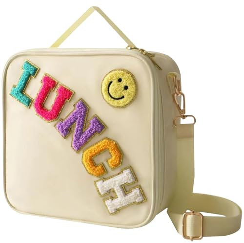 Insulated Lunch Bag, Lunch Box Kids, Nylon Preppy Lunch Box, Smiley Preppy LunchBag, Reusable Lunch Tote Bag with Smiley with Adjustable Shoulder Strap for Women Kids School, Travel, Office, BBQ