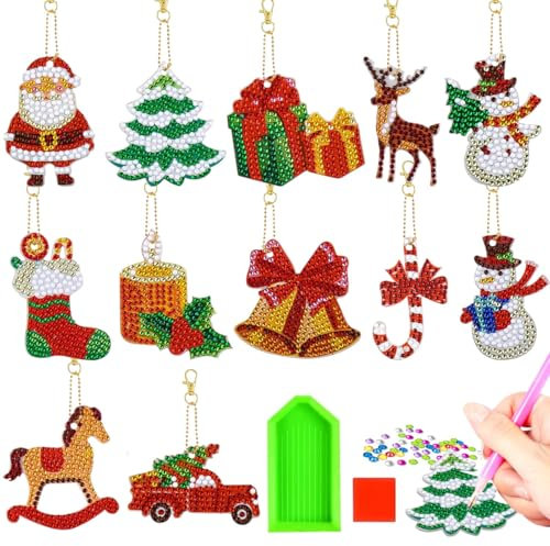 LGZIN 12 Stück Diamond Painting Weihnachten Anhänger, 5D DIY Diamant Malerei Schlüsselanhänger, Weihnachten Diamant Malerei Schlüsselbund für Weihnachtsbaum Fenster Hängend Winter Dekor