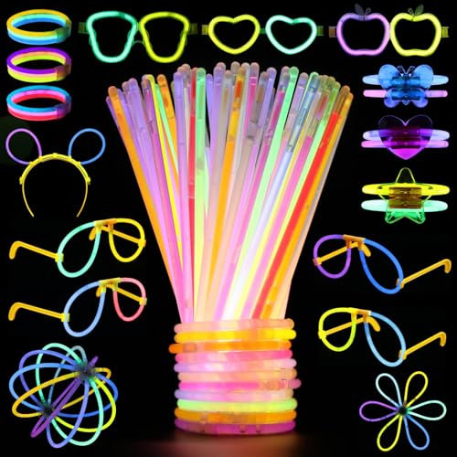 Sprifityy 341 pcs Knicklichter Party Set Leuchtstäbe,Knicklichter Kinder,100 Stück Leuchtstäbe 100 Steckverbinder,sowie Brillen und Accessoires in verschiedenen Formen,für Party Deko,Neuem Kreisel