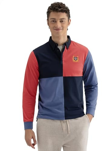 BRIAN OAK LONDON Navy and Red Color Block Embroidered Logo Rugby Shirt - 100% Cotton, Long Sleeve Polo Shirt for Men