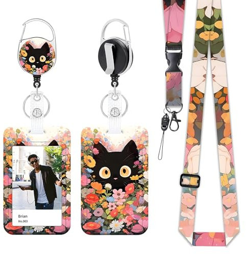 Yistoi Porte Badge, Porte Badge Tour de Cou, Porte Carte Tour de Cou, Lanyard Détachable pour Enseignants, Infirmières, Médecins et Étudiants,Porte Badge Infirmiere(Fleur et Chat Noir)