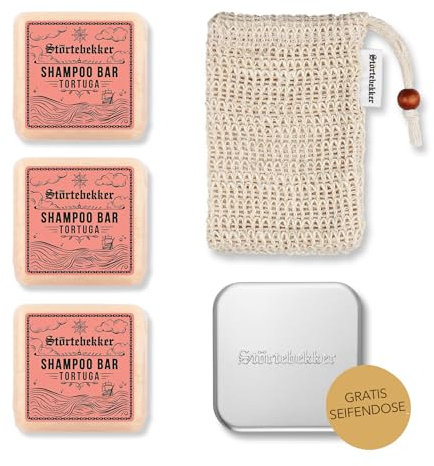 Störtebekker® Premium Duschset - Festes Shampoo Tortuga (x3), Sisalsäckchen + GRATIS Seifendose Aluminium - Shampoo Bar Set für Haar, Gesicht & Körper - Handgefertigt in Seifenmanufaktur