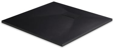 EMKE Plato de ducha de 90 x 90 cm, superficie antideslizante, plato de ducha SMC, aspecto de piedra, plato de ducha de 90 mm, orificio de desagüe esquinero, color negro