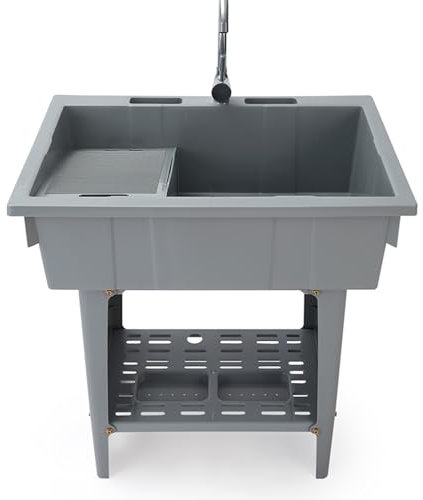 Lavamanos portátil, Fregadero de lavandería de plástico independiente con tabla de lavar y un grifo de agua fría para lavadero, garaje, sótano, exterior 80×56×81cm