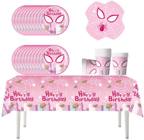 Fuwraixis 61 pezzi di stoviglie per feste Spider-Woman,Forniture per la festa di Spider Gwen,Set di decorazioni per la della festa di compleanno,Adatto per Anniversario,Per 20 persone