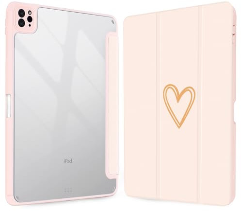 Vozehui Cute Case for iPad Air 11 inch M2 2024 Air 6th /10.9 Air 5th 2022/Air 4th 2020 Case Pink with Clear Back Shell,Pencil Holder,Tri-fold Stand,Auto Sleep Wake for iPad Air 6 5 4th Pink Heart