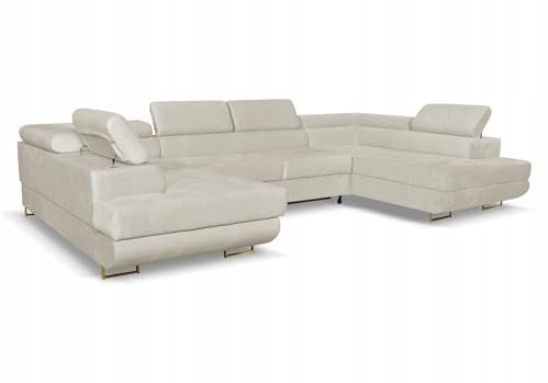 Family Meble Ecksofa, Modell Bosso Big, Schlaffunktion, Freistehendes, Ausklappbares, Behälter für Bettwäsche, Strapazierfähiges Material, Schmutzabweisend, für Wohnzimmer, Schlafzimmer, Creme