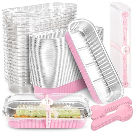 BTSD-home 50 Pack Mini Loaf Cake Cases with Lids and Spoons,Rectangular Aluminum Foil Bread Pan,Mini Loaf Pans and Mini CakeTins with Lids 200ML(Pink,6.8oz)