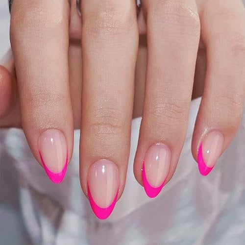 24PCS Hot Pink French Tip Press on Nails – Short Almond & Stiletto Shape Acrylic Fake Nails for Women, Natural Nude Full Cover Soft Gel Nails, 12 Sizes for Daily Wear