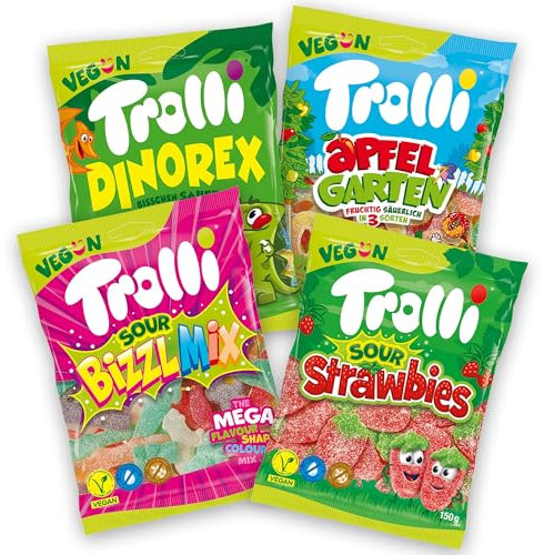 ​Trolli Vegane Fruchtgummi Mischung – 4er Pack Süßigkeiten (4×150 g) – Sour Strawbies, Dino Rex, Apfelgarten & Bizzl Mix – Gummibärchen vegan, sauer, glutenfrei, laktosefrei, ohne Gelatine - Mix Box